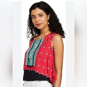 W For Woman Ethnic Print Red Navy Sleeveless Crop Top M
